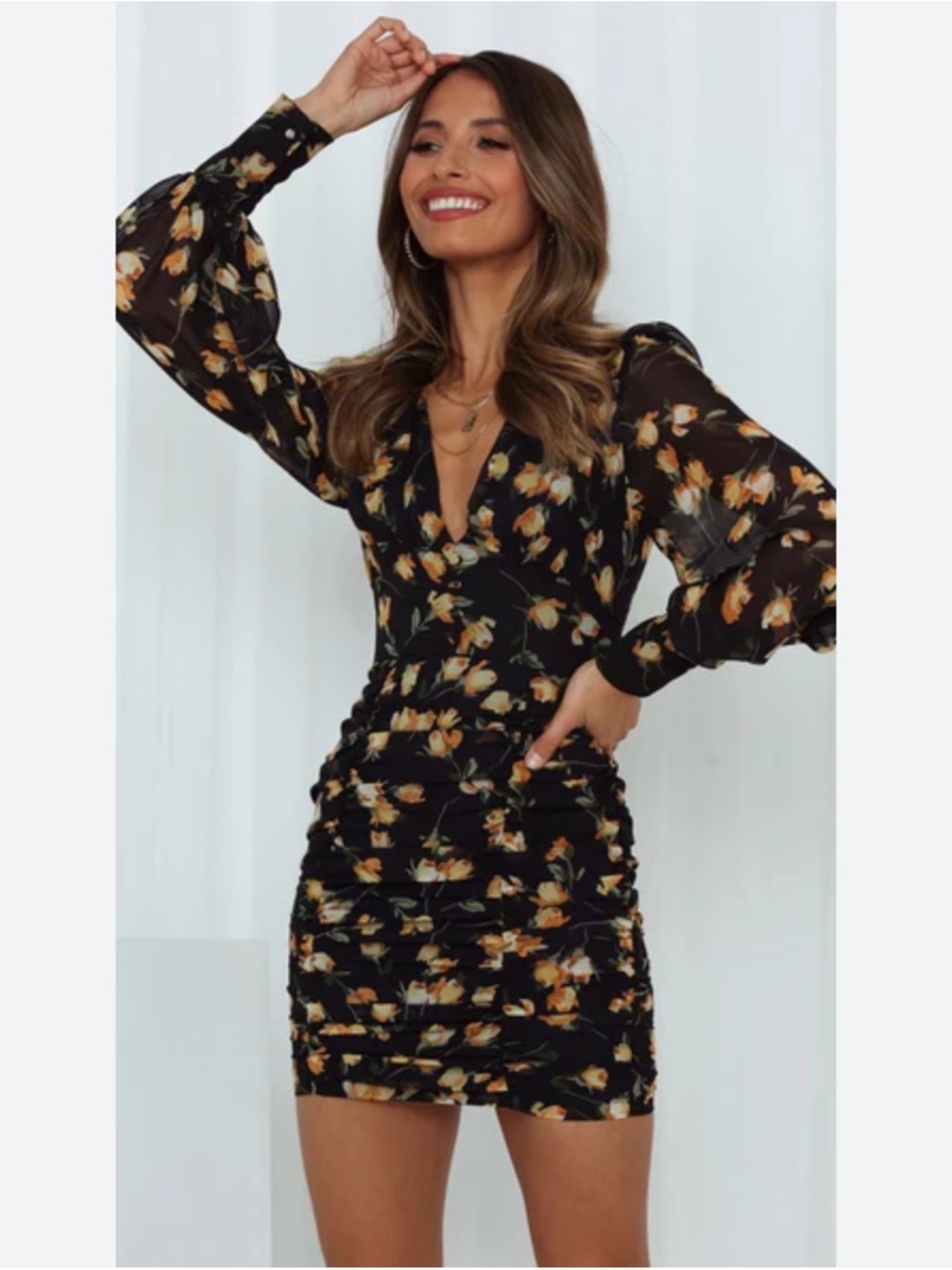 Seven Wonders Black Floral Long-Sleeve V-Neck mini Dress